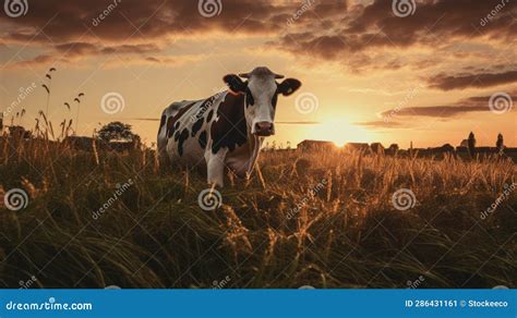 Photographically Detailed Portrait of a Cow Grazing at Sunset Stock ...