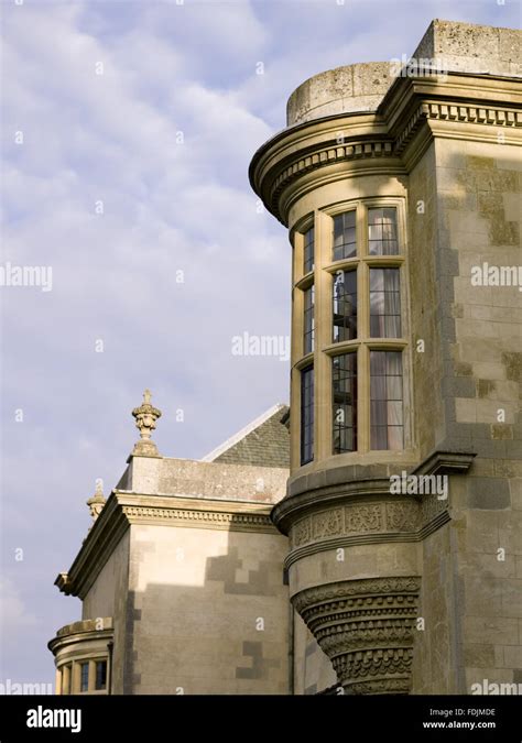 Exterior detail of an oriel window at Hartwell House, a historic house ...