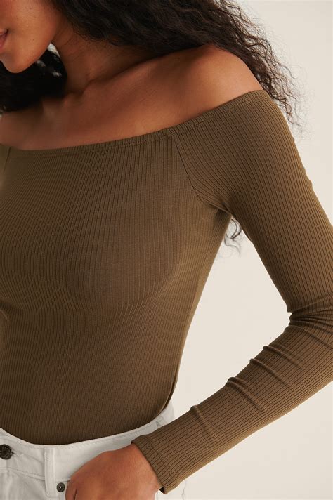 Rib Bare Shoulder Top Brown | na-kd.com