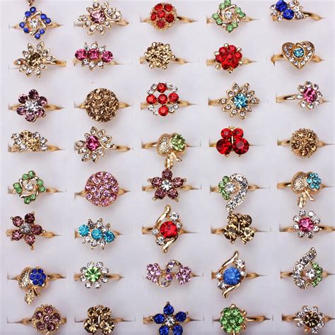 Wholesale 100pcs Mixed Assorted Flower Gold Crystal Adjustable Rings ...