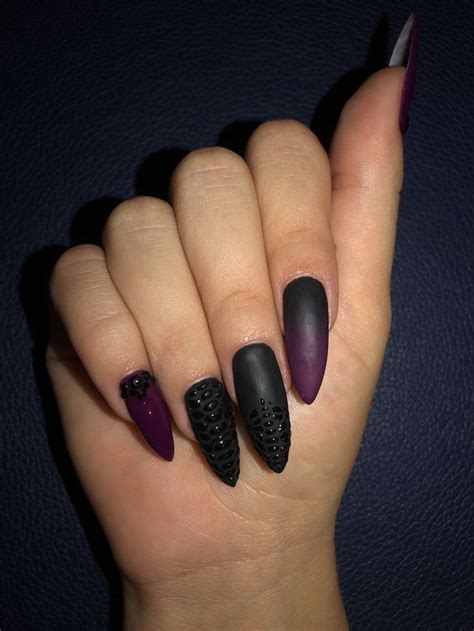 black-and-dark-purple-matte-ombre-nails-on-long-stiletto-nails-with ...