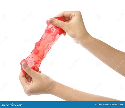 Woman Playing with Red Slime, Closeup. Antistress Toy Stock Photo - Image of creative, glue ...