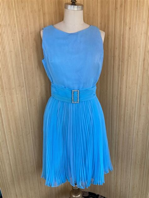 1960s Pleated Chiffon Dress with Rhinestone Belt by T… - Gem