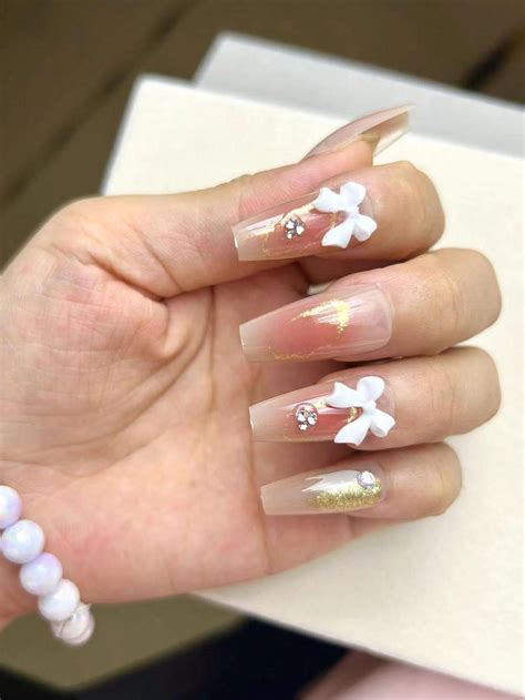 24pcs Handmade Bow Glitter & Rhinestone Decor False Nails Sticker, No Traces | SHEIN USA