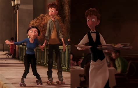 In Ratatouille, there's a quick scene where Linguini teaches Colette how to roller-skate ...