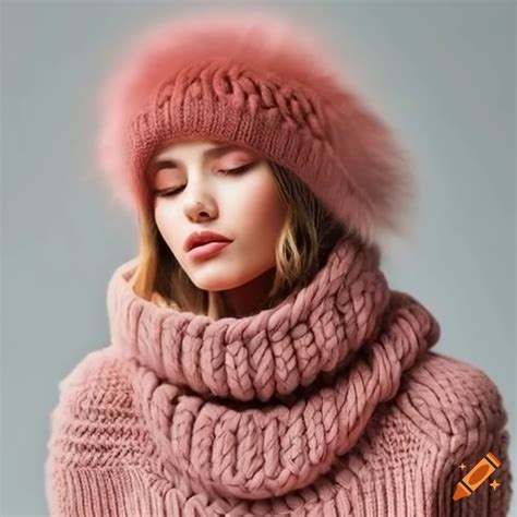 Photo of a woman wearing a chunky knit turtleneck pullover and a winter hat with fur pompom on ...