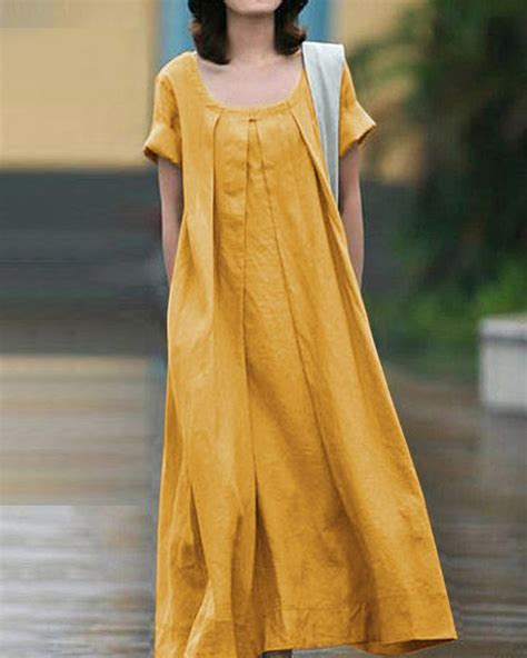 Plain O-Neck Pleated Big Swing Short Sleeve A-Line Midi Dress – Zeagoo