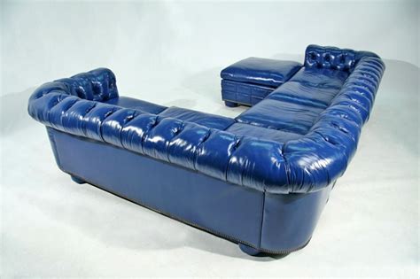 Bright blue leather chesterfield sectional sofa with ottoman at 1stDibs | royal blue leather ...