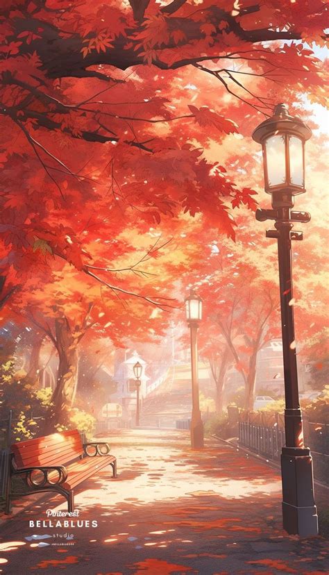 a park bench sitting under a tree next to a lamp post with red leaves on it