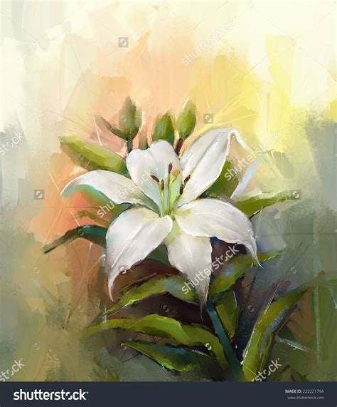 Oil Painting Still Life Of White Lily Flower With Green Leaf Stock Photo… | White lily flower ...