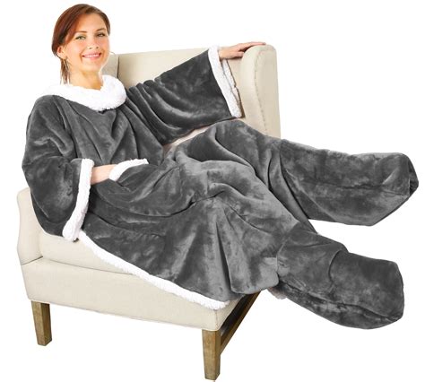 Sherpa Wearable Blanket with Sleeves & Foot Pockets for Adult Women Men,Comfy Snuggle Wrap ...