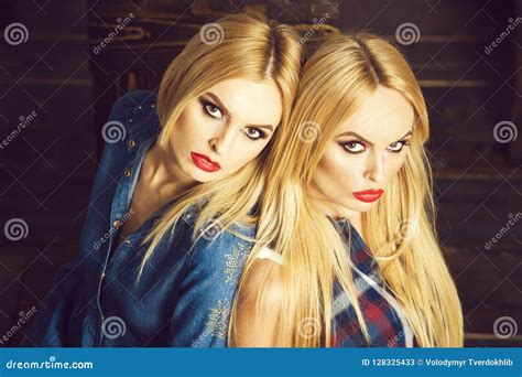 Friends, Twin Sisters with Blond Hair Stock Image - Image of lipstick ...