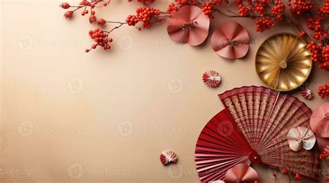 TET decorations in close up against a red backdrop. Generative Ai 26310566 Stock Photo at Vecteezy