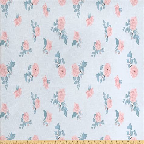 Blue and Pink Fabric by The Yard, Vintage Romance with Roses Pattern ...