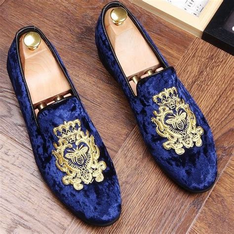 Blue Velvet Suede Gold Embroidery Bee Mens Oxfords Loafers Dress Shoes Flats