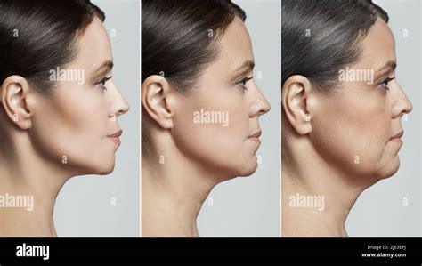 Female face representing aging concept. Comparison of young, middle ...