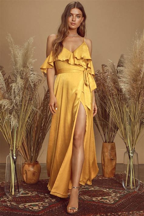 Moriah Mustard Yellow Satin Wrap Maxi Dress | Yellow dress outfit ...