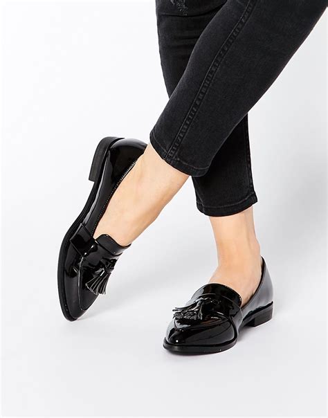 Daisy Street Black Patent Tassel Flat Loafer Shoes | Black strappy ...