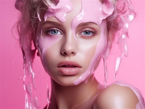 Premium AI Image | Beauty woman face painted in pink color paint pink ...