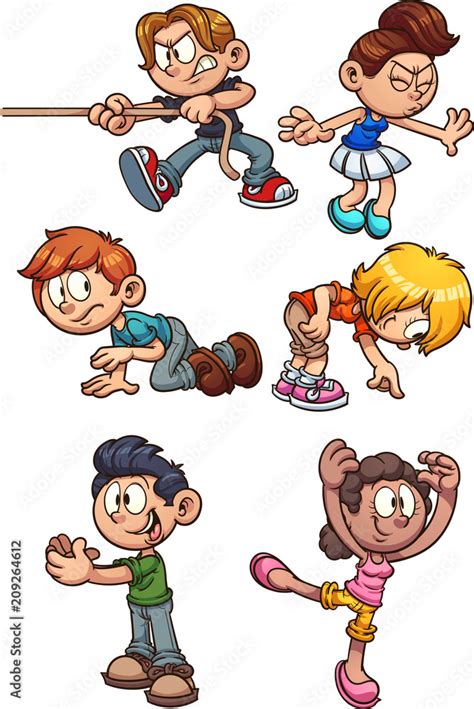 Cartoon kids performing different actions. Vector clip art illustration with simple gradients ...