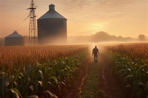 Premium AI Image | Farmer walking through corn field at sunrise