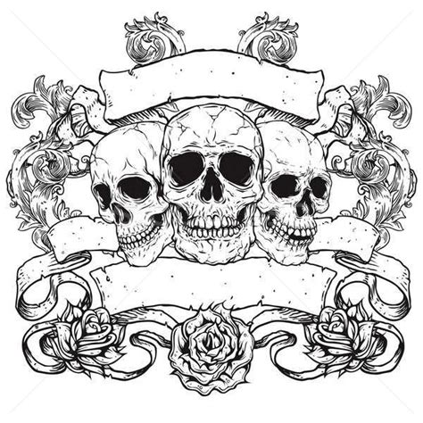 Stock photo: Three Skulls with Banners Scrolls and Roses | Skull coloring pages, Skulls drawing ...