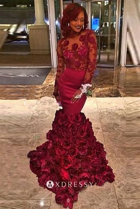 Floral Burgundy Sleeved 3D Rose Illusion Prom Gown - Xdressy