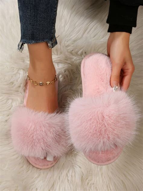 Women Fuzzy Panel Bedroom Slippers, Preppy Pink Fuzzy Slippers | SHEIN USA