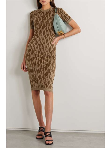 Tan Logo-jacquard stretch-velvet midi dress | FENDI | NET-A-PORTER