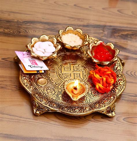 Buy CHHARIYA CRAFTS Pooja Thali with Diya Gold Plated for Home and ...