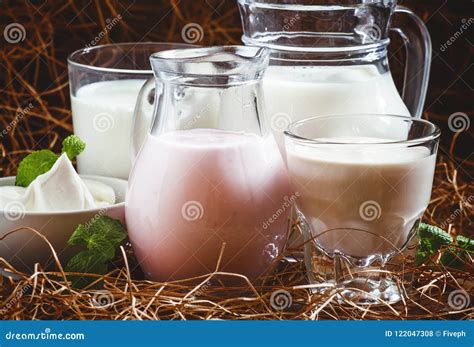 Organic Dairy Products: Milk, Cream, Sour Cream, Fermented Baked Stock Photo - Image of curd ...