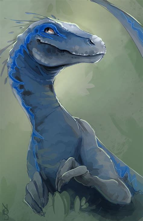 a drawing of a blue dinosaur sitting on the ground with its head turned to the side