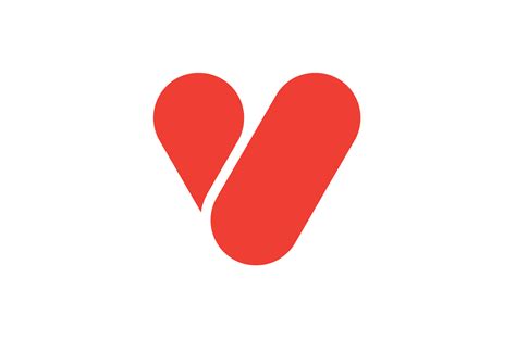 the v logo is shown in red and white, with an oval shape on it