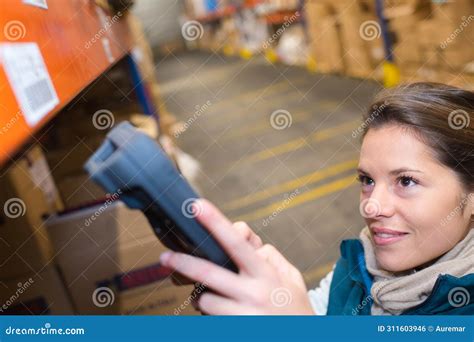 Warehouse Management System Worker with Barcode Scanner Stock Photo - Image of delivery, woman ...