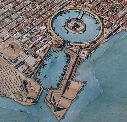 Artist's overhead view of the harbor complex of ancient Carthage with the outer rectangular ...