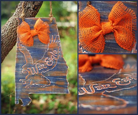 Distressed Wooden state of alabama Door hanger with Auburn eagle and burlap bow Wood Craft ...
