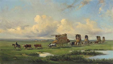 A caravan of gauchos and their wagons crossing the Pampas, Argentina Painting by Jean Leon ...