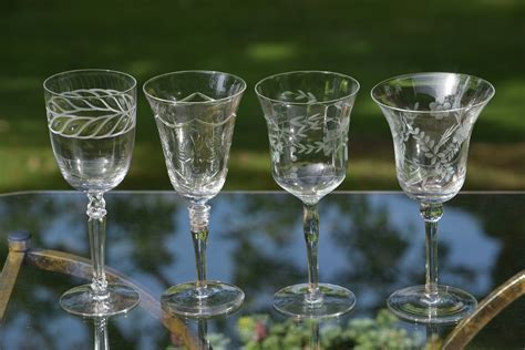 Vintage Etched Wine Glasses, Set of 4, Set of 4 Mis-Matched Etched Wine Glasses, Wine Glass ...