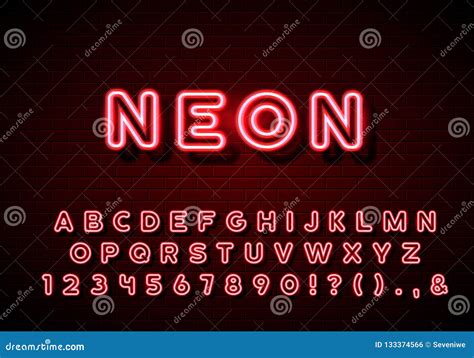 Neon Alphabet Typeset. Neon Glow Letters Set on Brick Wall Background Stock Vector ...