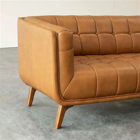 Sofas & Sectionals * | Ashcroft Allen Mid Century Modern Tufted Genuine Leather Sofa In Cognac ...