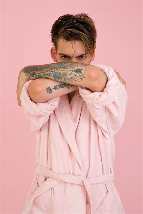 Free download | man, model, pink bathrobe, tattoo, pink background, fashion, studio shot, one ...