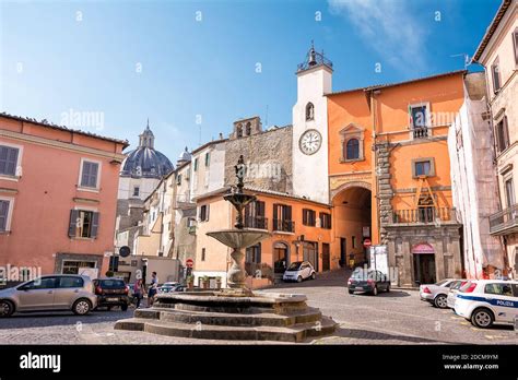 Montefiascone, Italy - 19 Semptember 2020: Piazza di Montefiascone with a view of the dome of ...