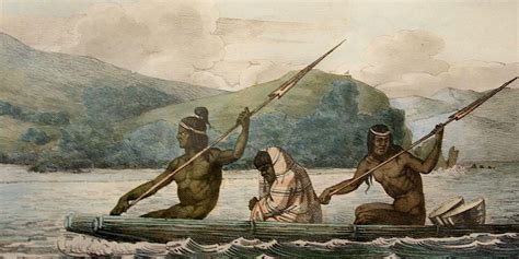 Ramaytush Ohlone in a tule boat in the San Francisco Bay, 1816. California Coast, Northern ...