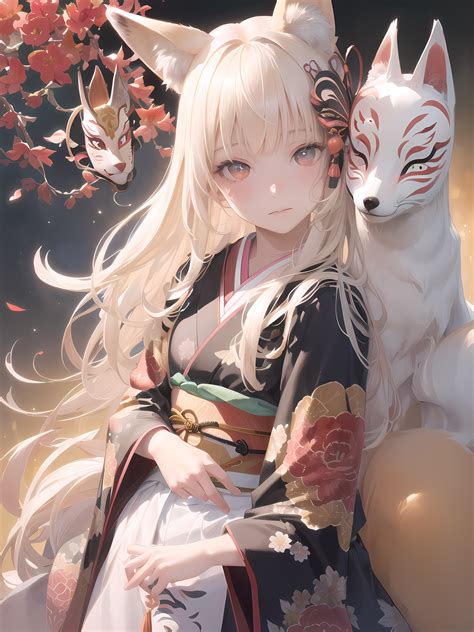 Anime Girls Fox Fox Ears Kimono Flowers Blonde Long Hair Vertical Fox ...