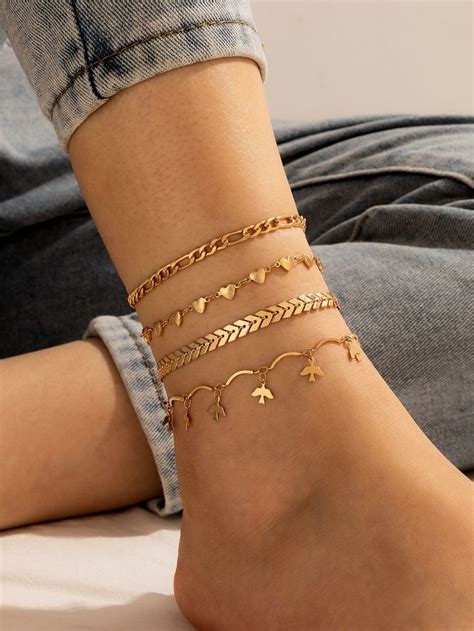 4Pcs Heart Decor Chain Anklet | Anklet, Ankle jewelry, Stylish jewelry