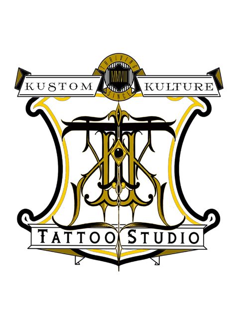 the tattoo studio logo is shown in black and gold