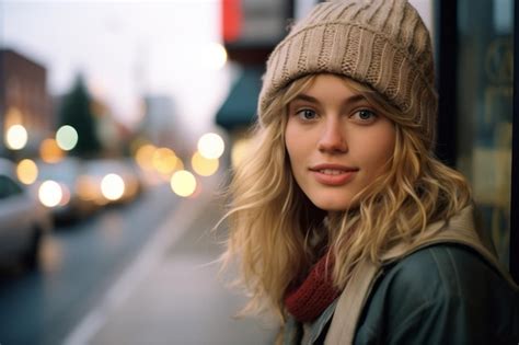 Premium AI Image | a beautiful young woman in a beanie and jacket standing on a street at night