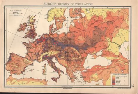 1936 MAP ~ Europe Density Of Population British Isles France Germany ...