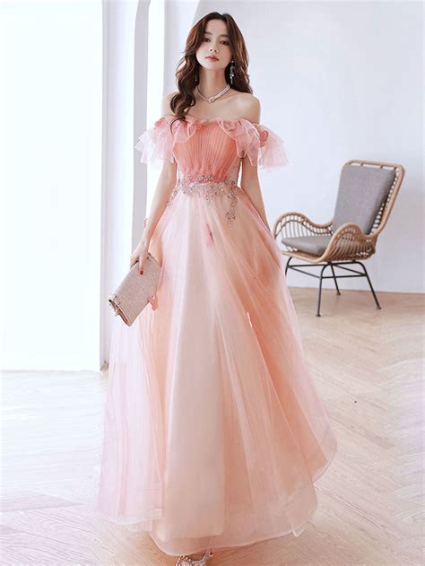 Peach Pink Off The Shoulder A-line Maxi Long Prom Dress