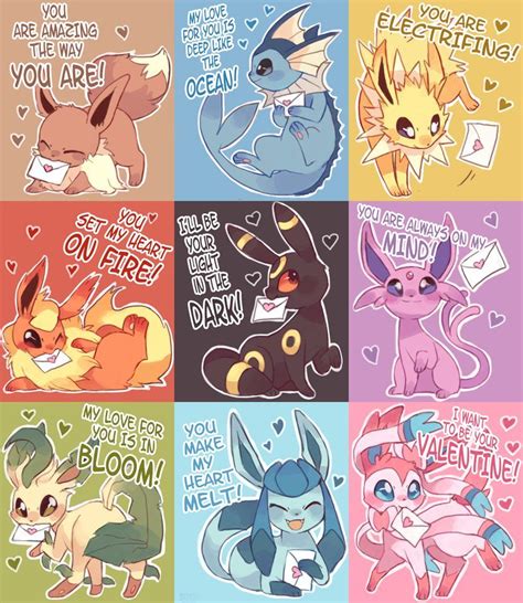 pokemon valentines, eevee, vaporeon, jolteon, flareon, umbreon, espeon, leafeon, glaceon ...